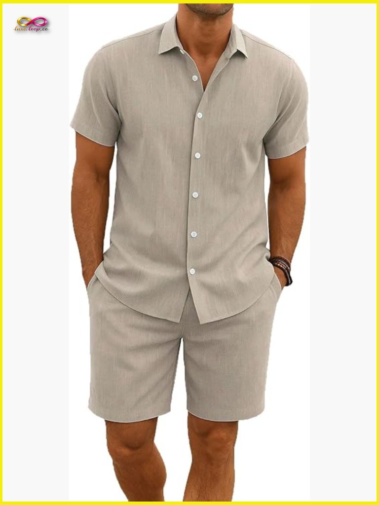 Mens Linen Texture 2 Piece Short Sleeve Shirt And Shorts Set Vacation Outfit
